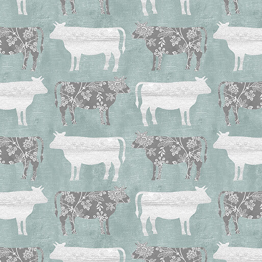 "Chalk Barn" Calico Cows Medium Teal by Shannon Roberts for Benartex