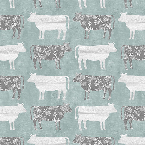 "Chalk Barn" Calico Cows Medium Teal by Shannon Roberts for Benartex