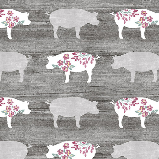 "Chalk Barn" Pretty Pigs Charcoal by Shannon Roberts for Benartex