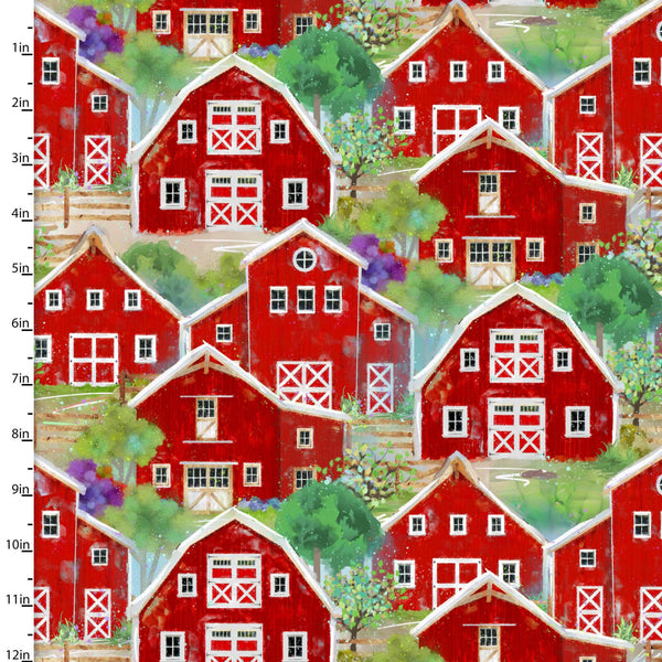 "Back to the Farm"-PACKED BARNS RED by Connie Haley for 3 Wishes Fabric