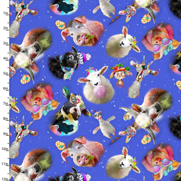 "Back to the Farm"-TOSSED ANIMALS BLUE by Connie Haley for 3 Wishes Fabric