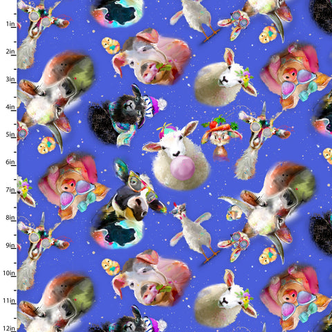 "Back to the Farm"-TOSSED ANIMALS BLUE by Connie Haley for 3 Wishes Fabric