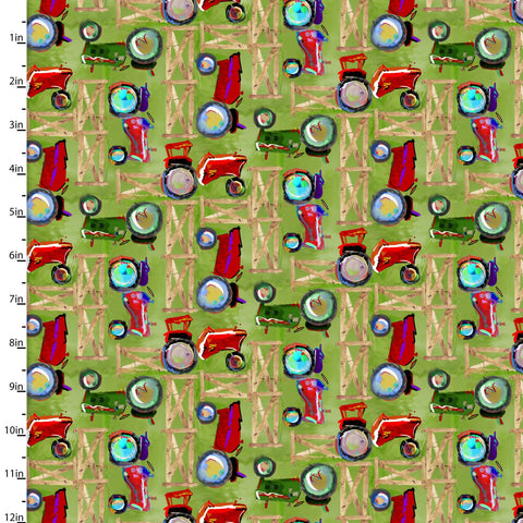 "Back to the Farm"-FARM TRACTORS GREEN by Connie Haley for 3 Wishes Fabric