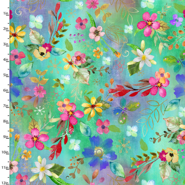 "Back to the Farm"-FLORAL FARM TURQUOISE by Connie Haley for 3 Wishes Fabric